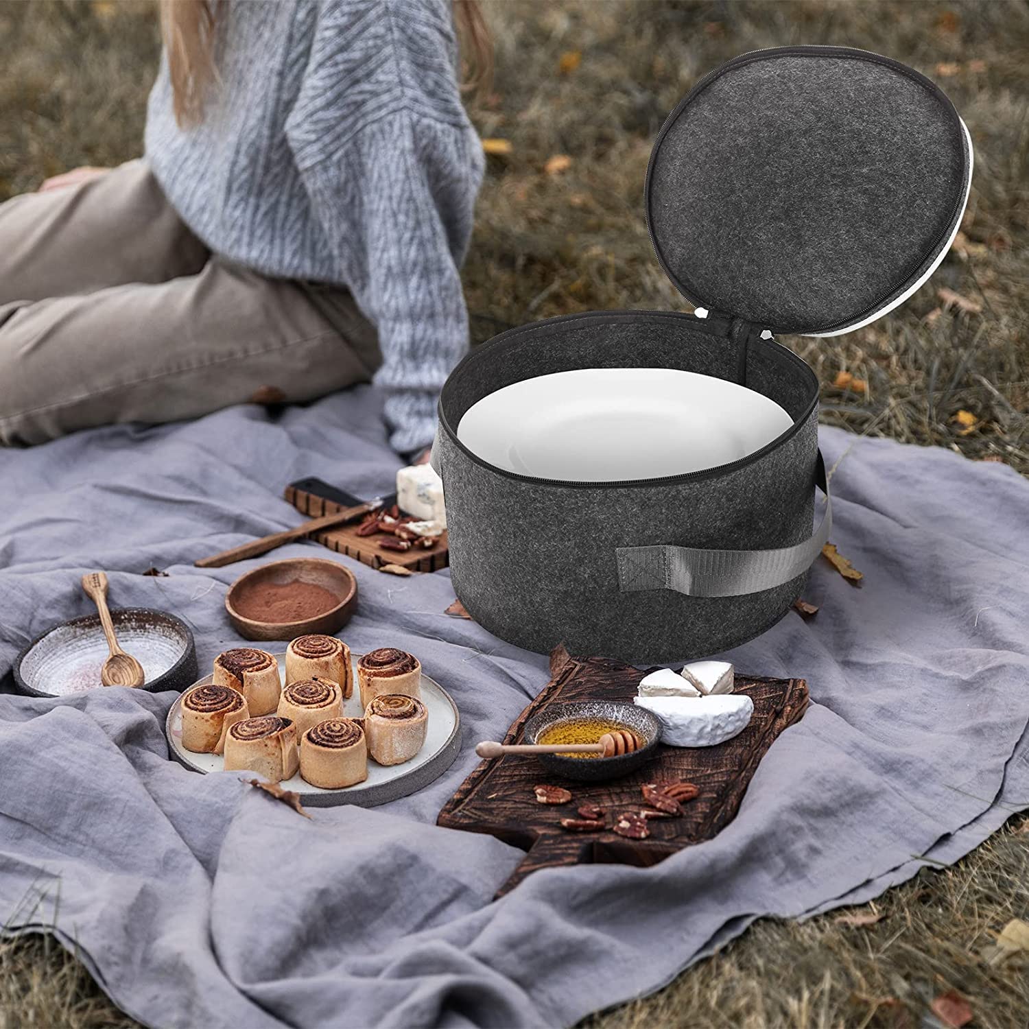 Greensheep Plate Storage Case With 12 Thick Felt Dividers For Storing And Organizing Dinnerware Dishes, Dark Grey